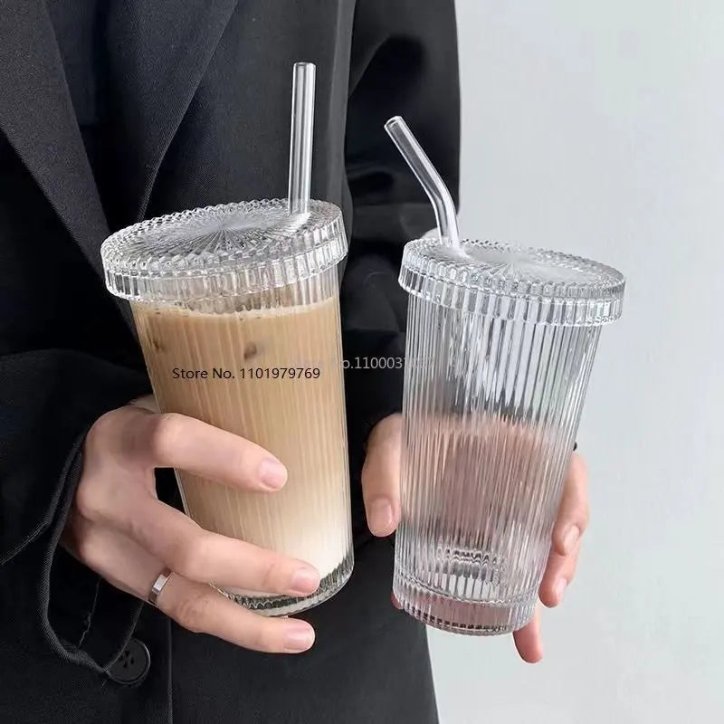 Afralia™ Stripe Glass Cup with Lip Straw | Japanese Style Milk Coffee Tea Wedding Gift