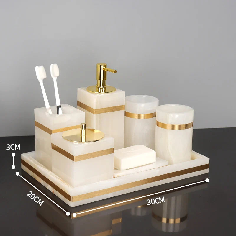 Afralia™ White Onyx Marble Bathroom Set Gold Luxury Soap Dispenser Toothbrush Holder