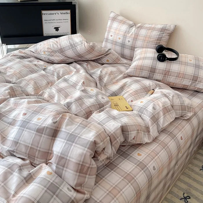 Afralia™ Cotton Grid Bedding Set - Soft & Stylish Bed Sheet, Quilt Cover Kit