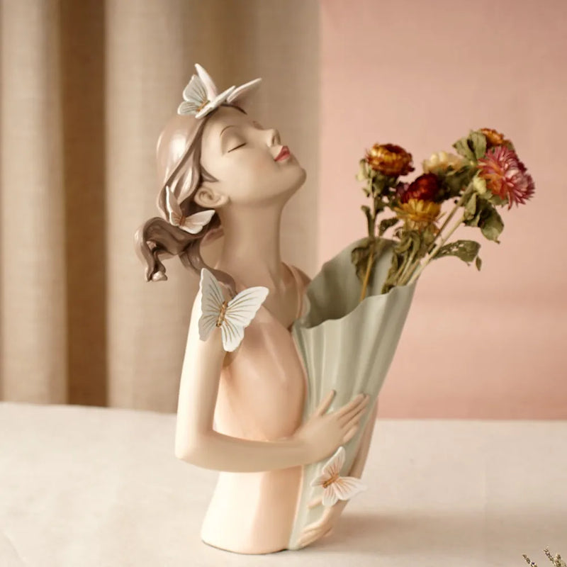 Afralia™ 30cm Pink Butterfly Girl Vase Statue Modern Home Decor Resin Figurines