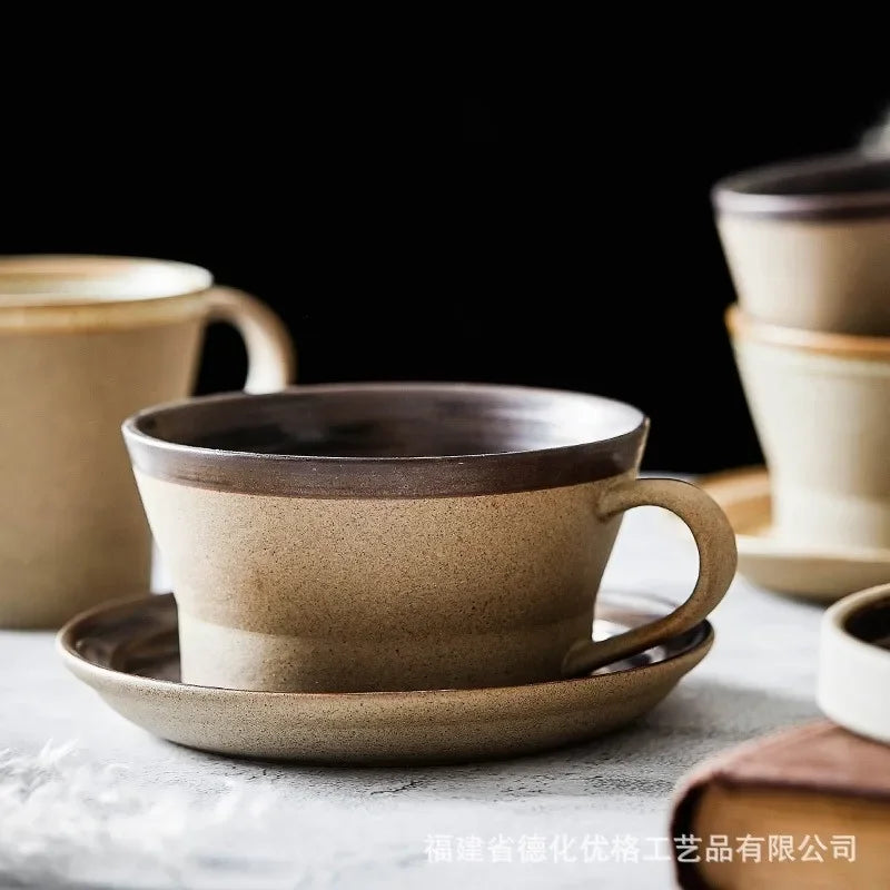 Afralia™ Handmade Ceramic Coffee Cup Set with Dish, Creative Breakfast Tableware Mug