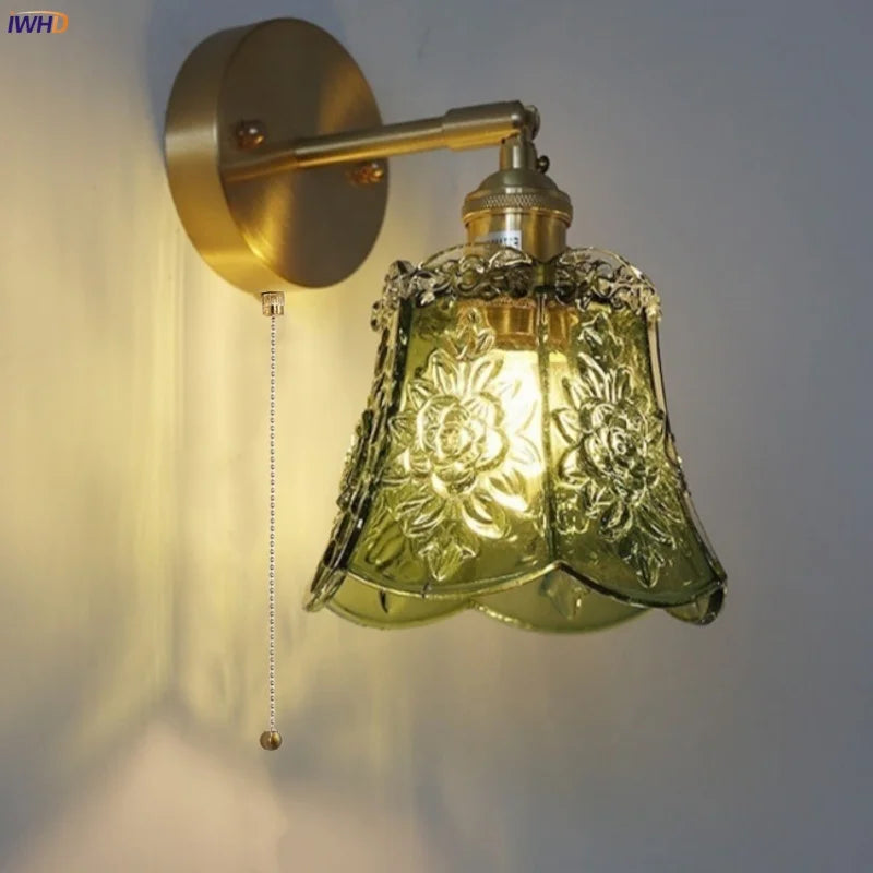 Afralia™ Green Glass LED Wall Lights Pull Chain Switch Vintage Style Bedside Lamp