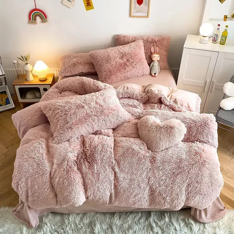 Afralia™ Fluffy Faux Fur Bedding Set: Duvet Cover, Sheet, Pillowcase - Soft & Warm