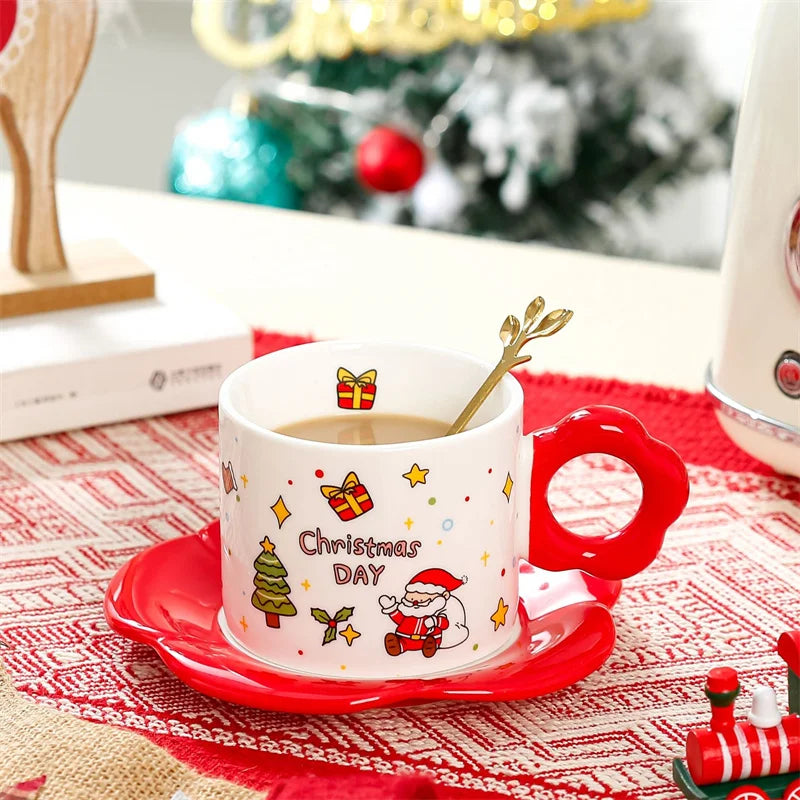 Afralia™ Christmas Ceramic Santa Tea Set with Spoon, Festive Coffee Cup & Saucer