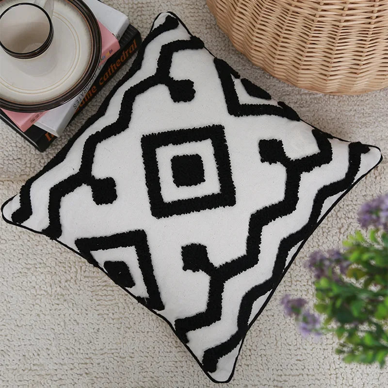 Afralia™ Moroccan Geometric Tufted Pillowcase Black Cotton Linen Indian Style