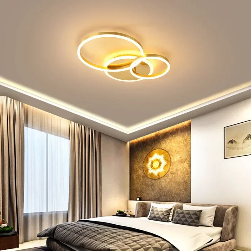 Afralia™ Modern Golden White Ring Chandelier for Living Room, Dimmable LED Ceiling Light