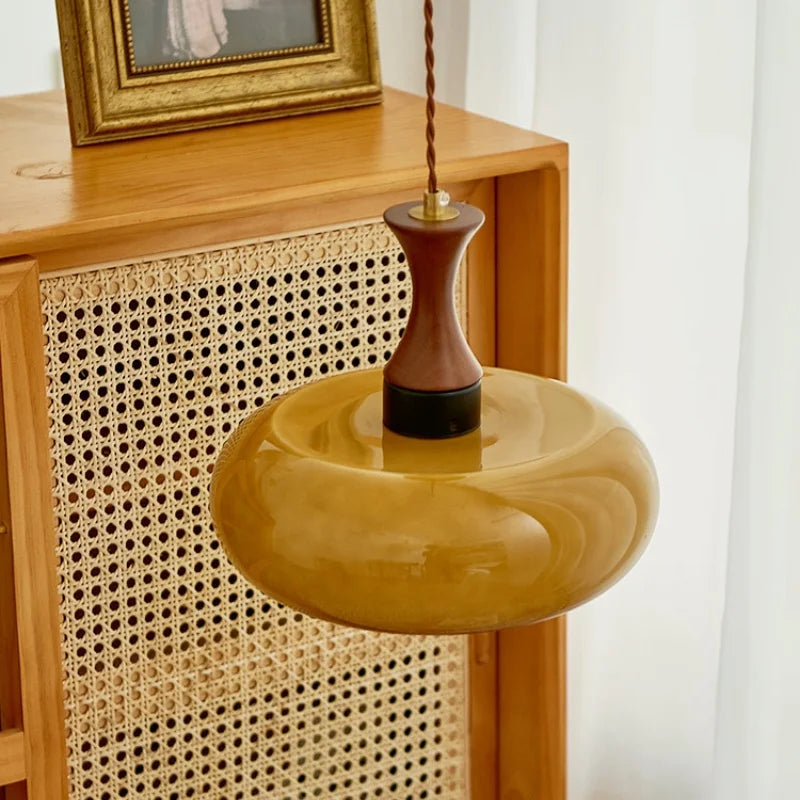 Afralia™ Vintage Amber LED Pendant Light Fixture Wood Glass Loft Adjustable Hang Lamp