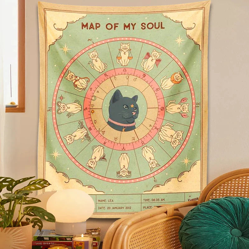 Afralia™ Cat Tapestry Soul Tarot Zodiac Constellation Wheel Retro Boho Living Room Decor