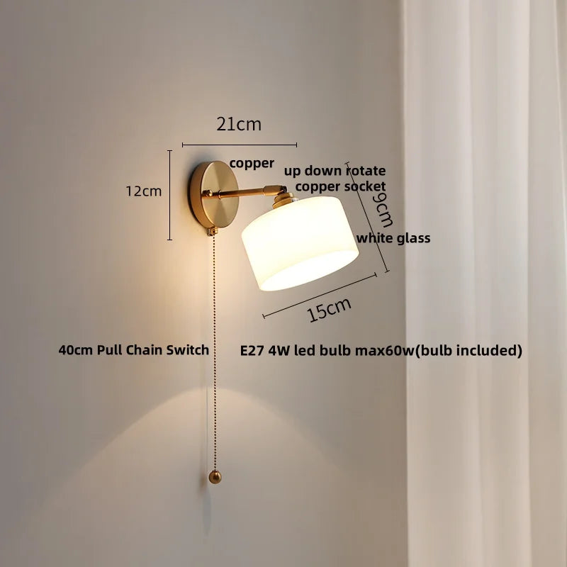 Afralia™ Rotatable Glass LED Wall Lamp with Copper Socket and Pull Chain Switch