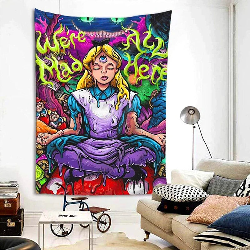 Afralia™ Psychedelic Alice Hippie Eye Trippy Anime Girl Tapestry for Bedroom Wall Art