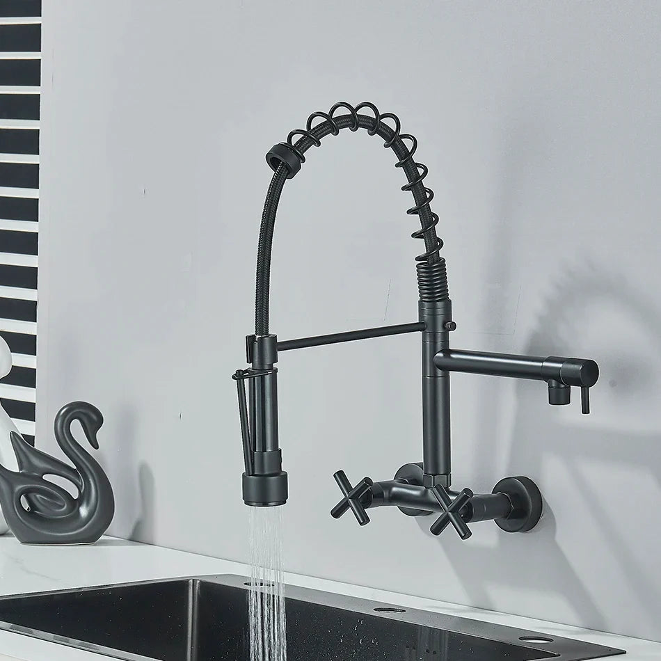 Afralia™ Black Kitchen Faucet Wall Mounted Dual Swivel Spouts Vessel Sink Mixer Tap
