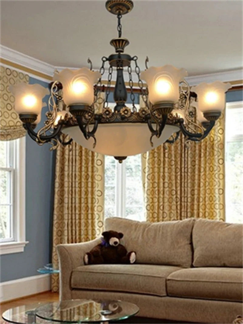 Afralia™ Classic Wrought Iron Chandelier with Glass Lampshade for Home Decor Lighting