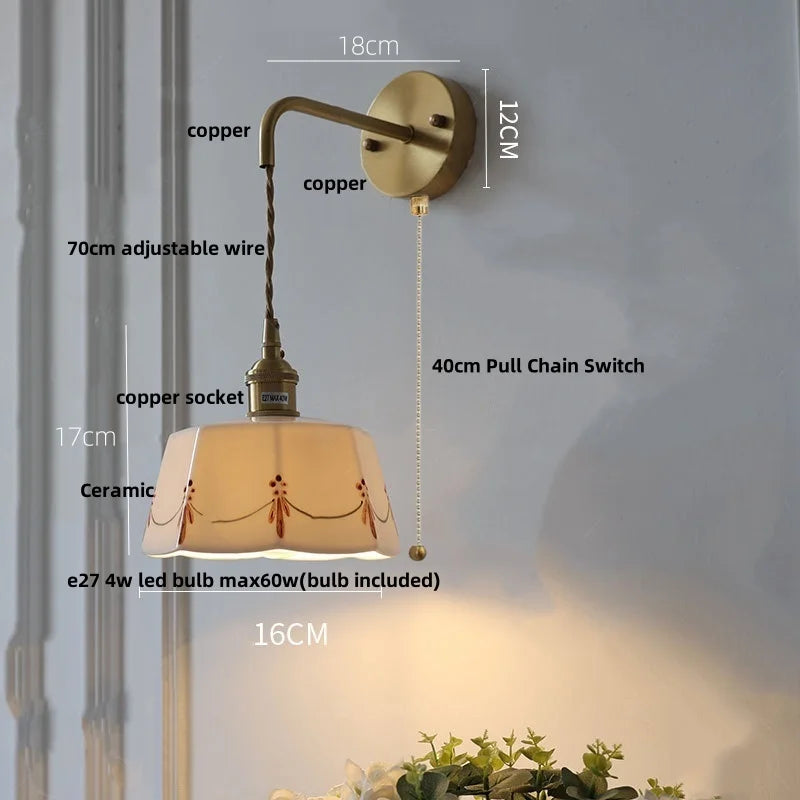 Afralia™ Ceramic Brass LED Wall Light Fixture Pull Chain Switch Bedside Sconce