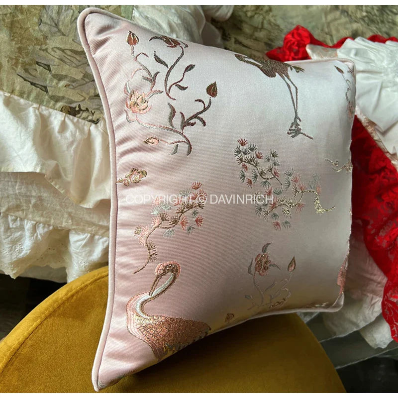 Afralia™ Antique Crane Floral Jacquard Luxury Lumbar Pillow Case Square Gold Stitch