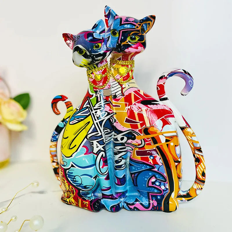 Afralia™ Cat Couple Sculpture: Pop Art Statues for Pet Lovers and Bookcase Decor