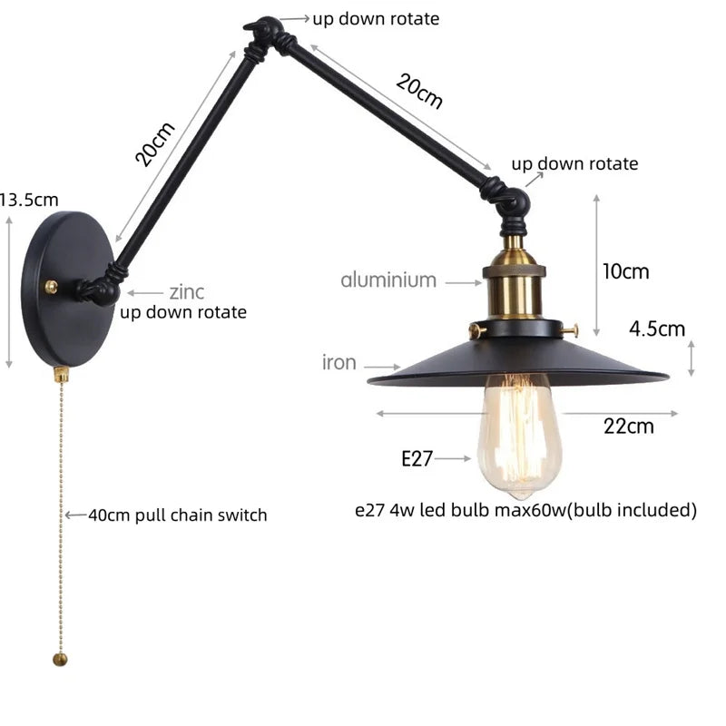 Afralia™ Rustic Vintage LED Wall Lamp with Pull Chain Switch for Stair, Restaurant, Bedroom