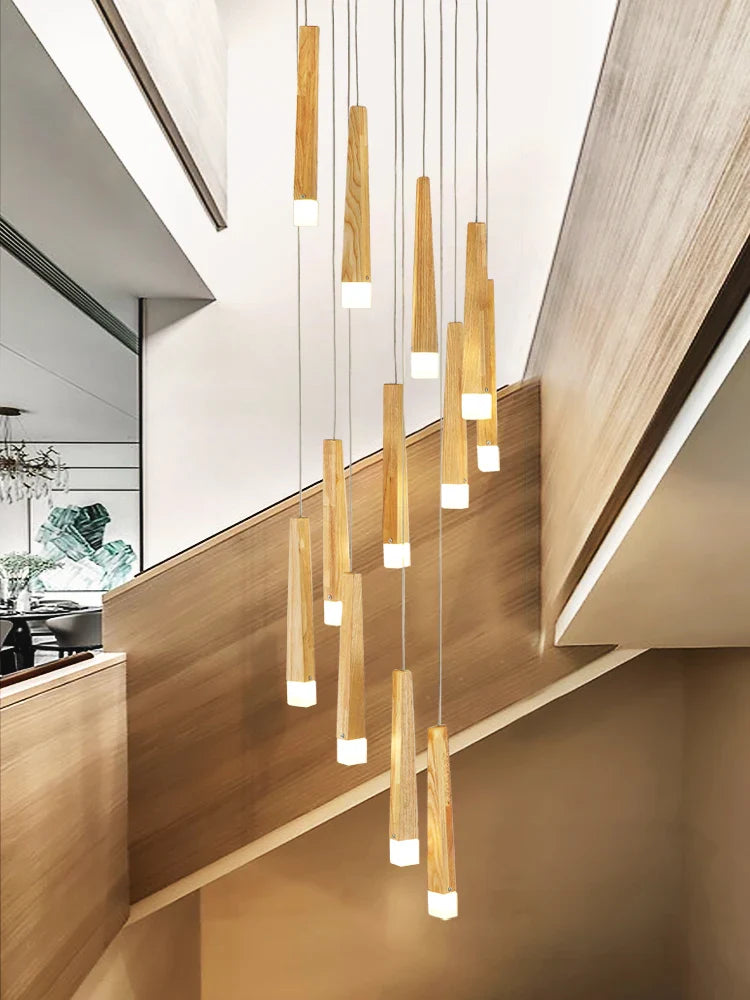 Afralia™ Wooden Chandelier: Modern LED Staircase Hanging Light