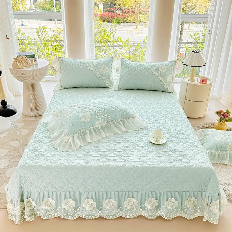 Afralia™ Pink Cotton Quilted Bedspread Set with Lace Edge and Pillowcases