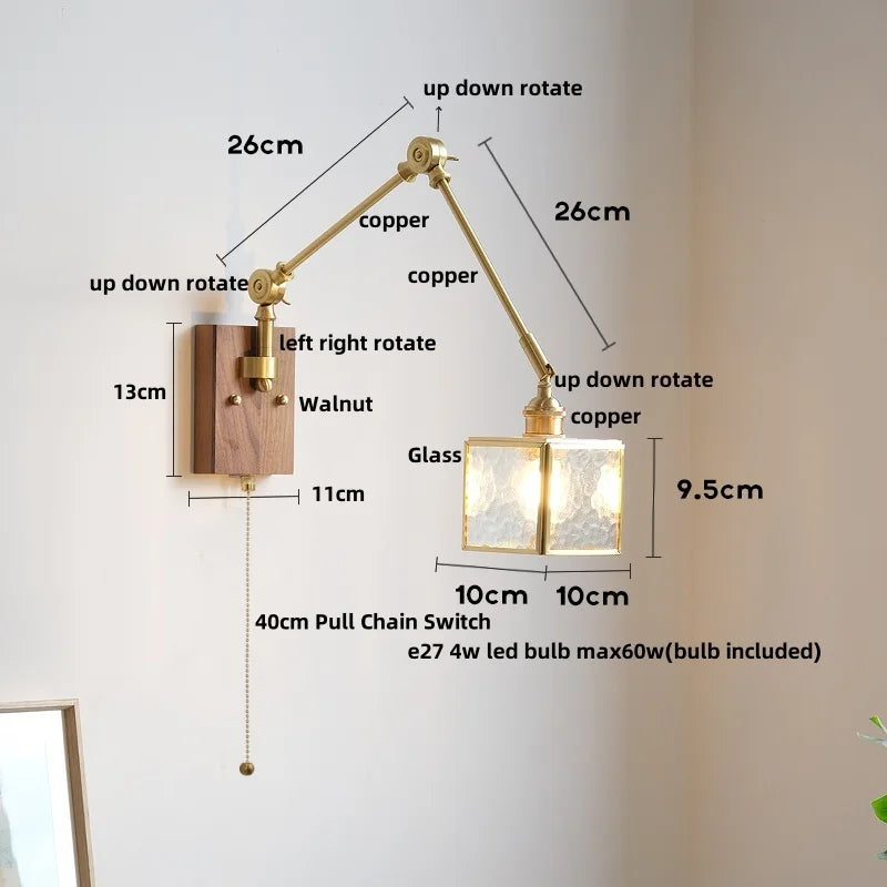 Afralia™ LED Walnut Wood Cube Glass Wall Light with Pull Chain Switch