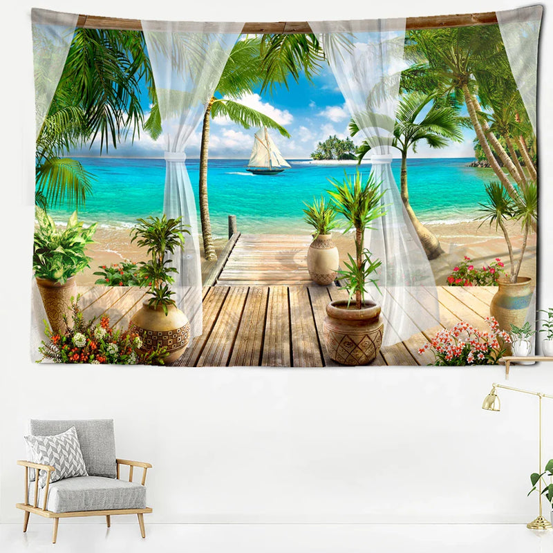 Beach Plank Path Tapestry - Afralia™ Tropical Landscape Art for Minimalist Room Decor