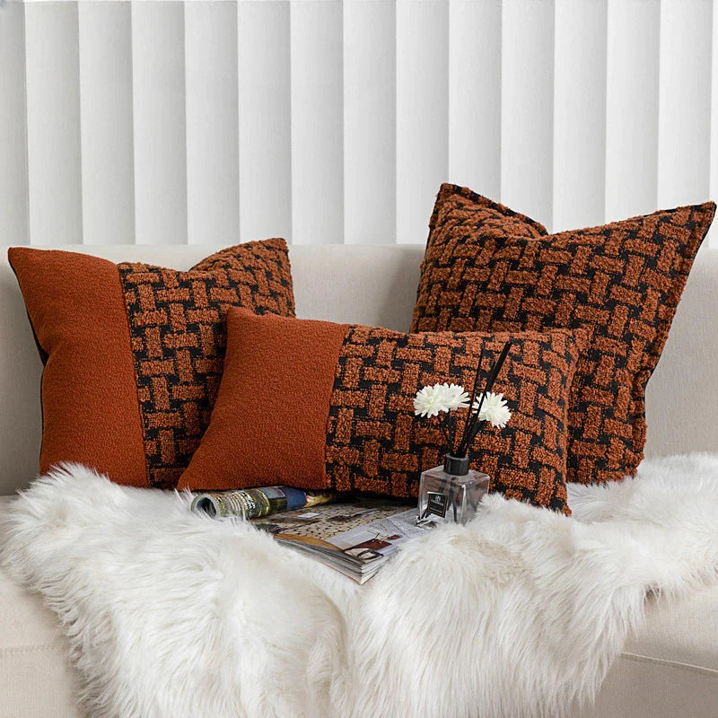 Afralia™ Caramel Color Velvet Sofa Pillowcase with Geometric Panelled Cushion Cover