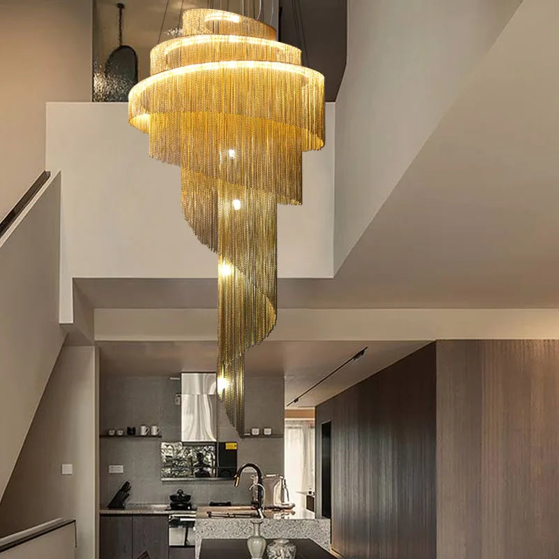 Afralia™ Gold/Silver Aluminum Chain Chandelier - Luxurious Living Room Hall Hotel Decoration