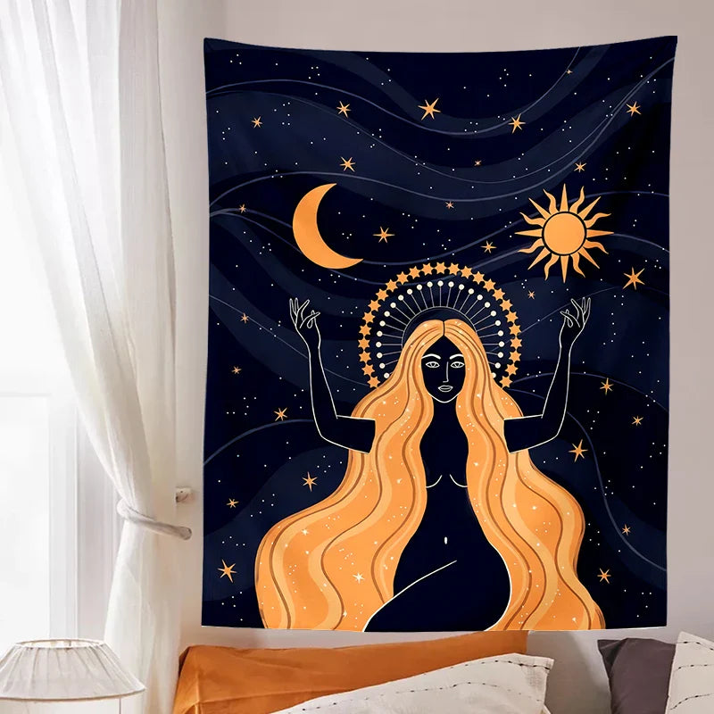 Moon Phase Girl Tapestry Wall Hanging Boho decor Afralia™ Witchcraft Tapestries Bedroom Girl's room