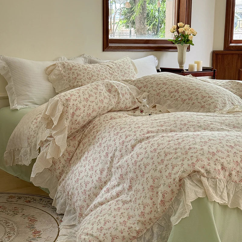 Afralia™ Elegant Floral Lace Ruffles Bedding Set with Double Yarn - Soft Cotton Blend