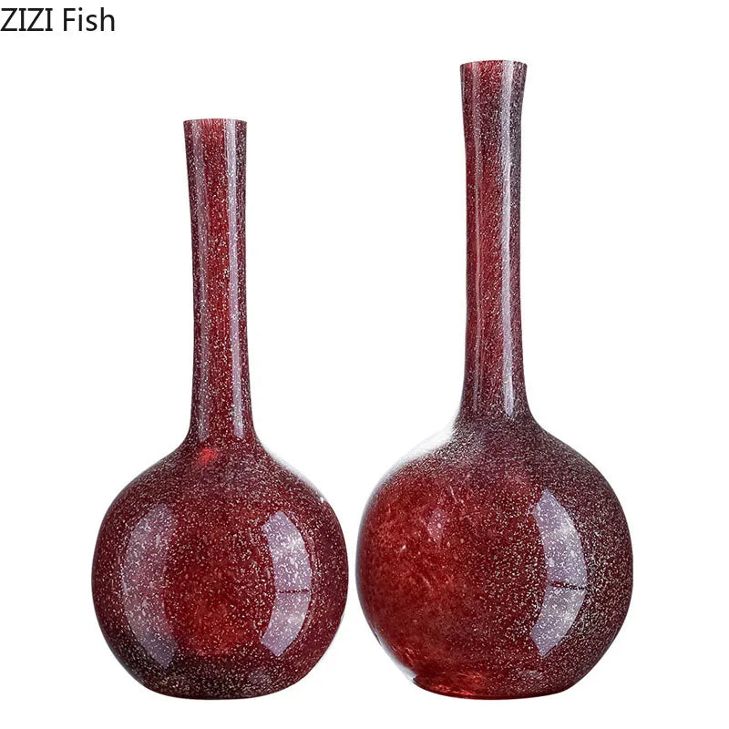 Afralia™ Gilded Red Glass Vase with Artificial Flowers - Modern Desk Decor