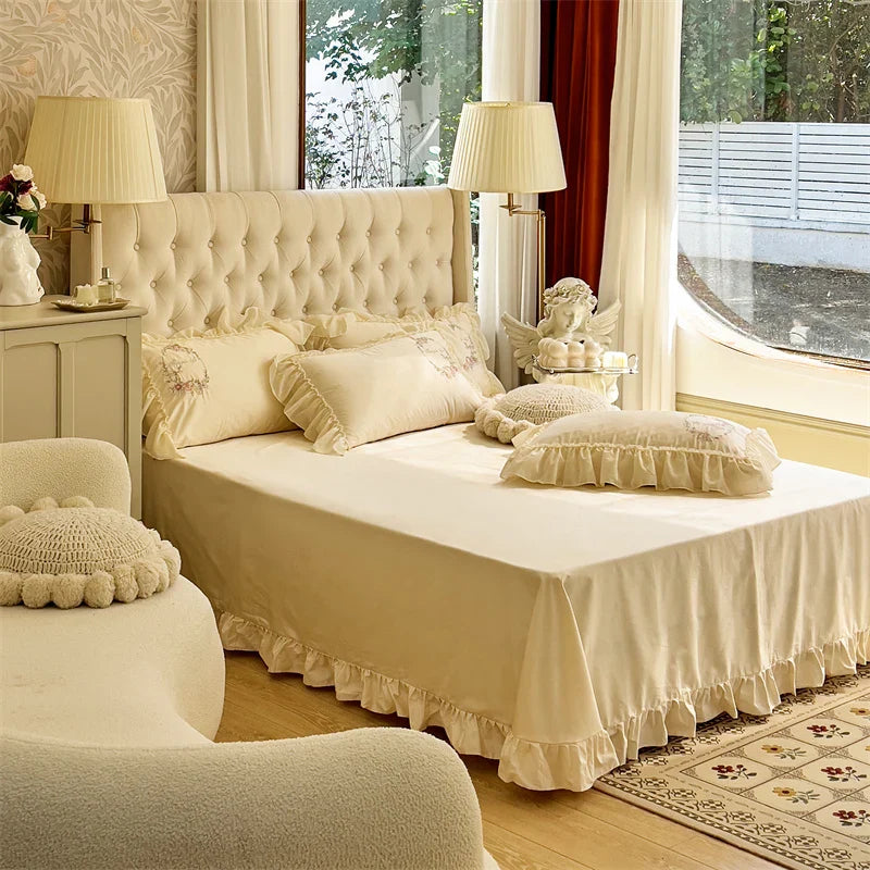 Afralia™ Beige Pink Lace Embroidery Bedding Set Egyptian Cotton Quilt Duvet Cover Sheet