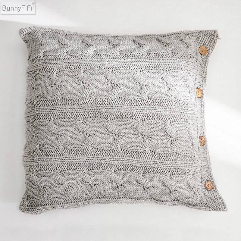 Afralia™ Soft Cotton Plait Knit Cushion Cover Vintage Ivory Grey Pink Solid 45cm*45cm