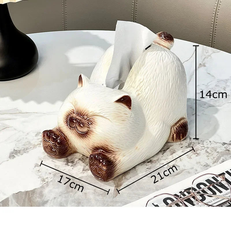 Afralia™ Cartoon Siamese Kitten Ceramic Tissue Box for Coffee Table and Desk