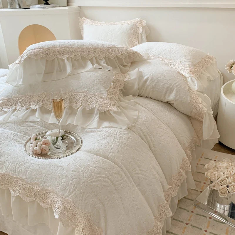 Afralia™ French Lace Ruffles Velvet Bedding Set, Furry Duvet, Sheet, Pillowcases