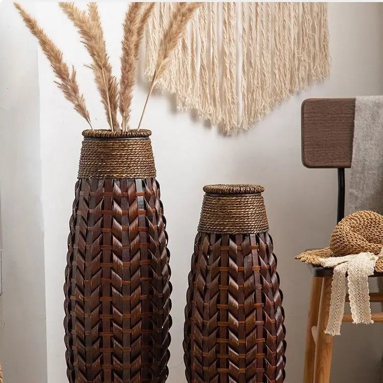 Afralia™ Bamboo Woven Vase Rattan Flower Glass Arrangement Dried Flower Basket Living Room Decor