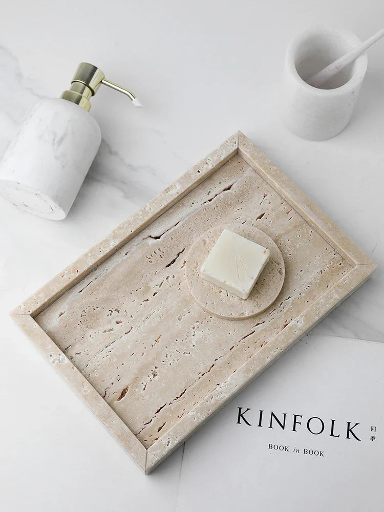 Afralia™ Travertine Stone Vanity Tray for Perfume, Candles, Jewelry, Coffee Table