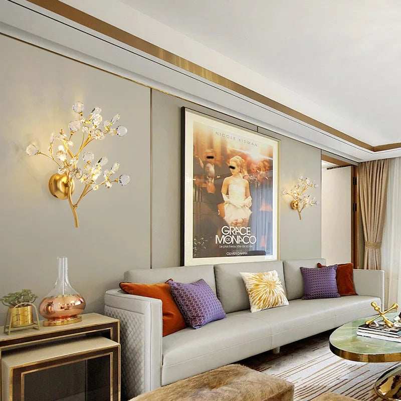 Afralia™ Romantic Crystal and Gold Branch Wall Lights for Living Room Bedroom Decor