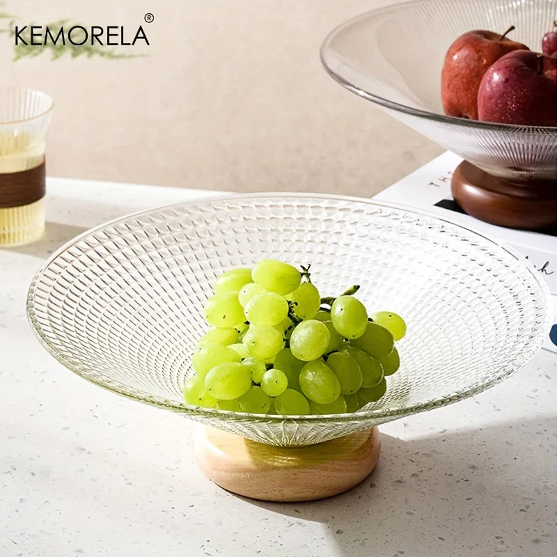 Afralia™ Creative Glass Fruit Plate with Wooden Base | Elegant Home Decor for Living Room Coffee Table