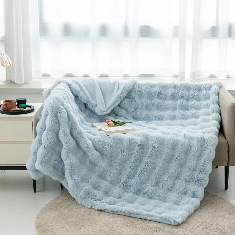 Afralia™ Faux Rabbit Fur Flannel Sofa Blanket, All Seasons Solid Soft Nap Quilt