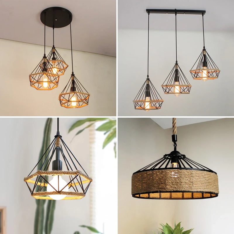 Afralia™ Vintage Hemp Rope Pendant Light Industrial Chandelier Loft Decor Lampshade