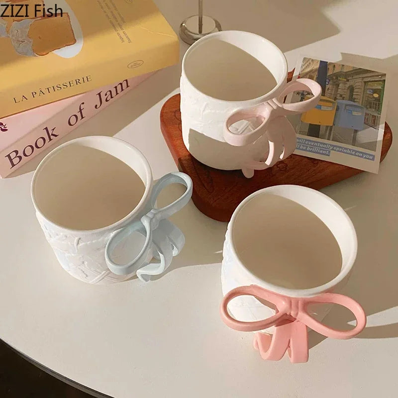 Afralia™ Bowknot Ceramic Mug & Saucer Set - Tea, Coffee, Juice Cup for Dining Table