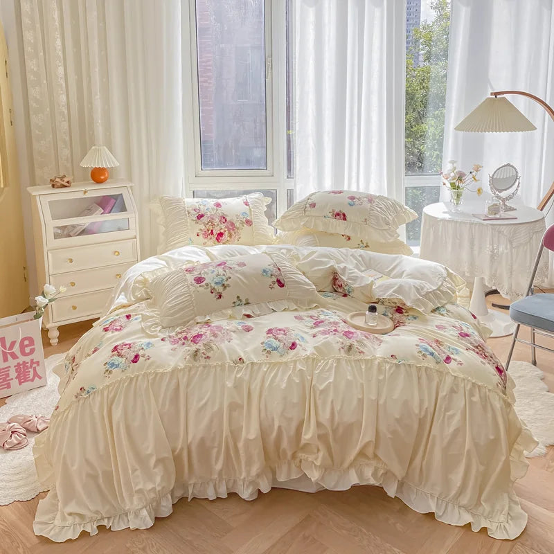 Afralia™ Rose Print Cotton Bedding Set with Pleated Ruffles and French-Inspired Design