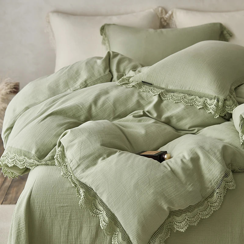 Afralia™ Vintage Lace Edge Cotton Bedding Set: Duvet, Sheets, Pillowcases