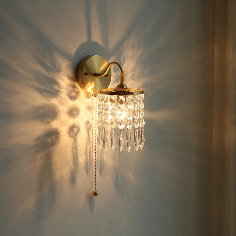 Afralia™ Crystal Vintage LED Wall Lights Pull Chain Switch Luxury Copper E14 Stair Light
