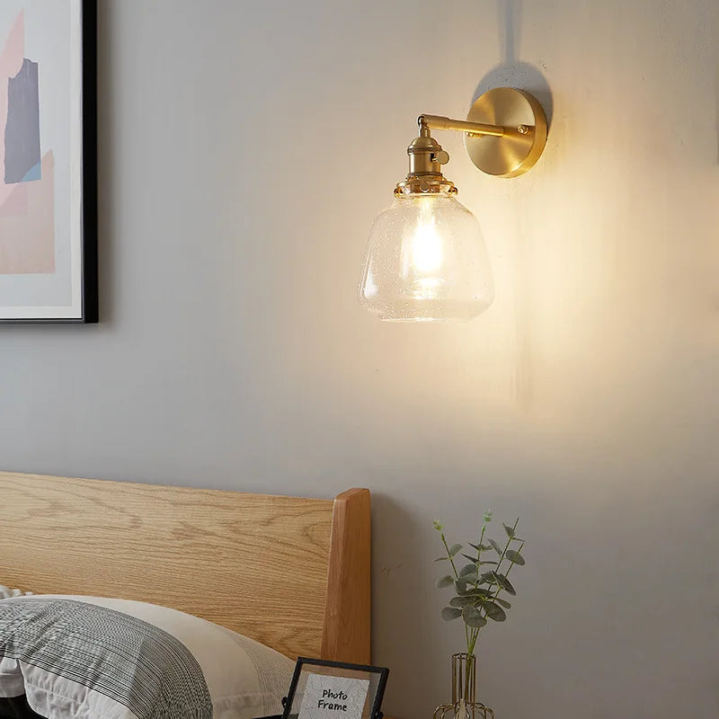 Afralia™ Clear Glass LED Wall Sconce, Modern Rotating Bedside Lamp with Pull Chain & Copper Socket