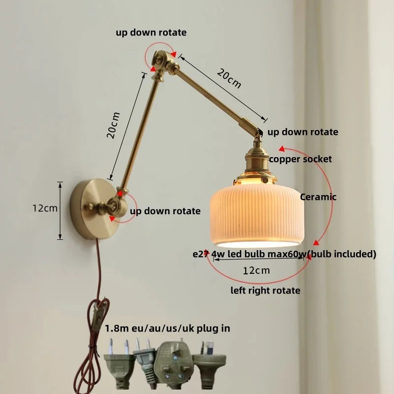 Afralia™ Ceramic Copper LED Wall Lights with Pull Chain Switch - Nordic Modern Bedside Lamp