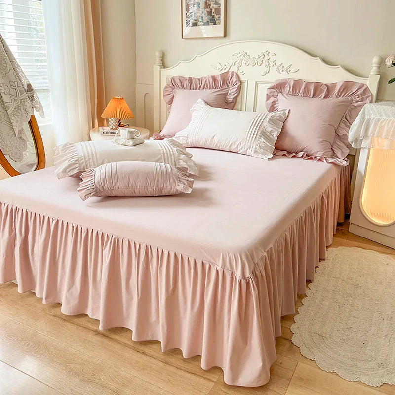 Afralia™ Pink Korean Princess Pleat Ruffles Cotton Bedding Set - 3/4Pcs
