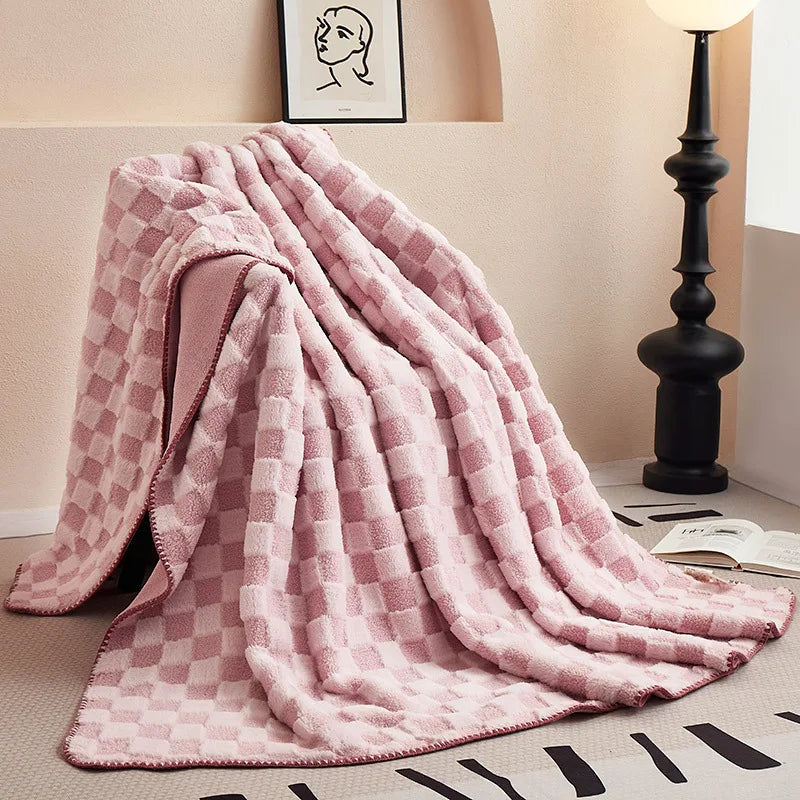 Afralia™ Luxury Teddy Rabbit Checkered Blanket: Double-Sided Velvet Sofa Cover