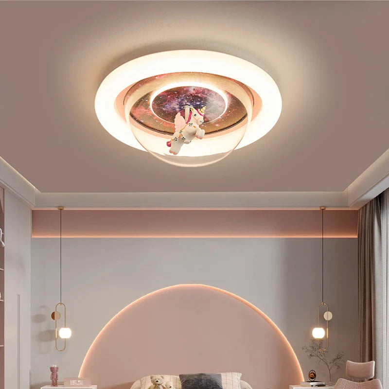 Afralia™ Unicorn Cartoon LED Chandelier Ceiling Light for Girls' Princess Room.