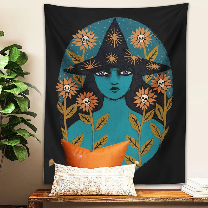 Afralia™ Blue Witches Botanical Tapestry Wall Hanging for Home Room Decor and Aesthetic Magic