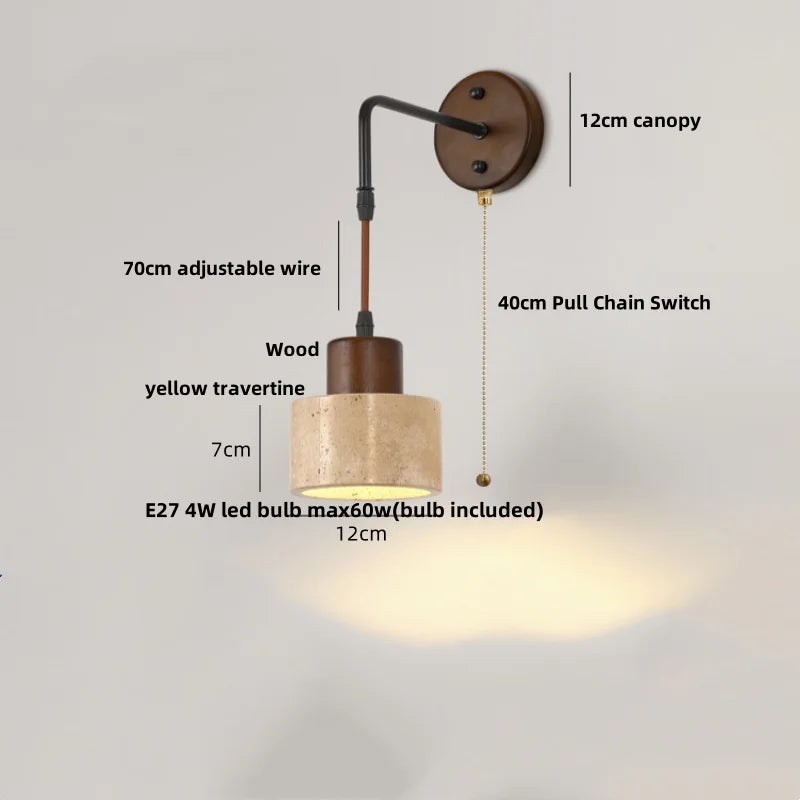 Afralia™ Wood Canopy LED Wall Sconce Yellow Travertine Stone Pull Chain Switch